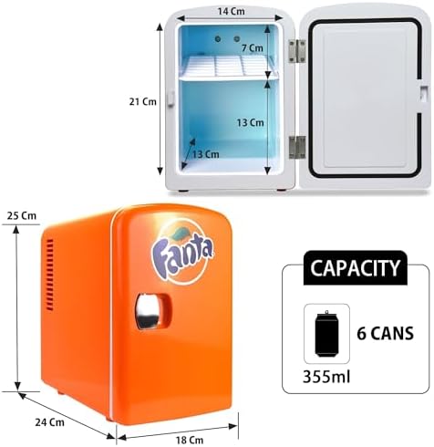 Fanta Mini Fridge - 6 Can Refrigerator for Bedroom Office, Portable Table Top Beverage Cooler, 12V 110V Refrigerador For Drinks, Soda, Wines, Use In Car, Dorm, Outdoor, Patio - Image 4