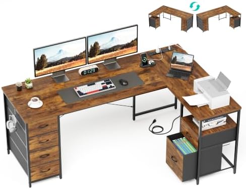 63 Inch L Shaped Office Desk with 6 Drawers & Type-C Port, Rustic Brown by YOUDENOVA