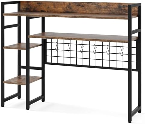 Desktop Bookshelf, Desk Hutch with 4 Shelves, 6 Hooks, Desk Shelves with Metal Grid Panel for Study, Office, Bedroom, Kitchen (Rustic Brown) by FIREFLOWERY
