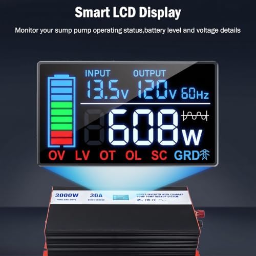 Sump Pump Battery Backup System, 3000W Pure Sine Wave Inverter with LCD Display, Auto Switches to Battery Power for Continuous Sump Pump Operation, for Basement Flood Protection&Power Outage Emergency - Image 5