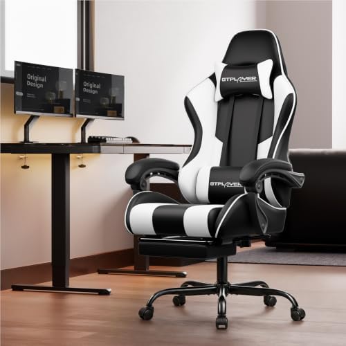 GTPLAYER Gaming Chair, Computer Chair with Footrest and Lumbar Support, Height Adjustable Game Chair with 360°-Swivel Seat and Headrest and for Office or Gaming (White) - Image 2