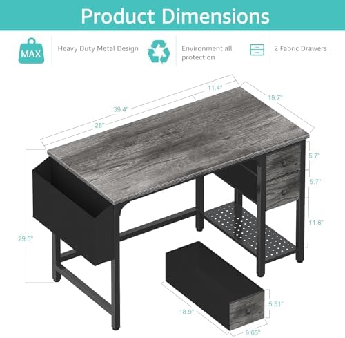 Lufeiya Computer Desk with Fabric Drawers, 40 Inch Gaming Desk for Small Space Home Office, Modern Simple Study Writing Table PC Desks for Bedroom, Gray - Image 3
