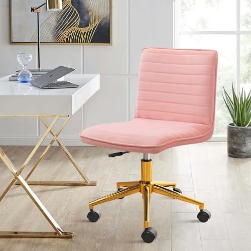 Furniliving Armless Vanity Chair with Wheels, Computer Rolling Desk Chair with Back, Pink Office Chair with Height Adjustable Soft Velvet Fabic Gold Metal Base Stool,Pink by FurnilivingFurnitureforHome