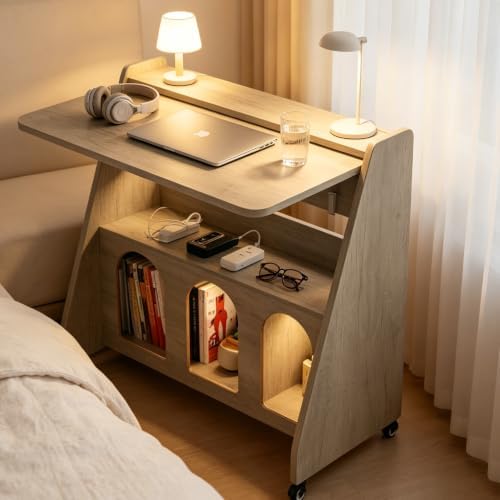 Portable Mobile Desk on Wheels, Mobile Workstation, Rolling Laptop Cart, Rolling Movable Computer Desk with Storage and Wheels for Home Office Small Space (Grey) - Image 3