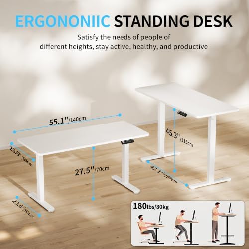 BIZUM Electric Standing Desk, 55x24 inches Height Adjustable Desk, Sit to Stand Desks Memory Gaming Computer Workstation for Home Office, White - Image 2