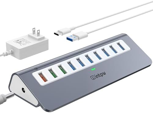 Powered USB Hub 10Gbps, 10 Port USB 3.2 Gen 2 Hub with 7 USB 3.2 Data Ports, 3 Fast Charging Ports, 36W Power Adapter, Type A and Type C Cable, Aluminum USB Hub for Laptop, Mac, PC by intpw