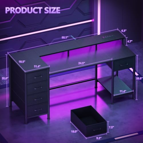 Korfile 55 Inch Gaming Desk with Power Outlets and LED Lights, Reversible Computer Desk with 5 Fabric Storage Drawers, Home Office Desk with Monitor Stand for Working Writing Study, Carbon Fiber Black - Image 2
