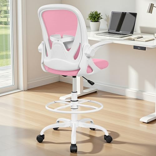 Primy Drafting Chair Tall Office Chair with Flip-up Armrests Executive Ergonomic Computer Standing Desk Chair with Lumbar Support and Adjustable Footrest Ring (Pink) - Image 2