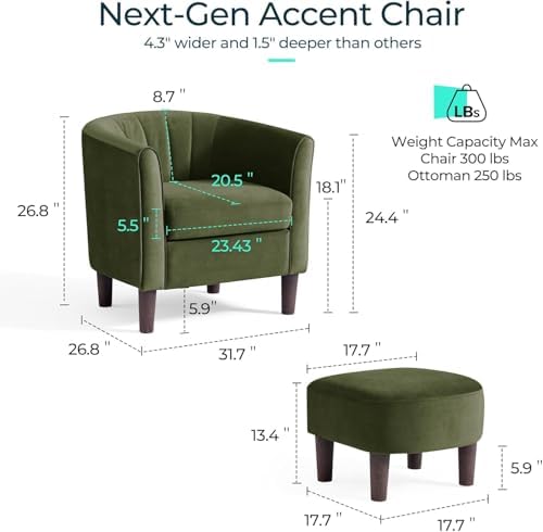 LINSY Accent Chair with Ottoman, Modern Armchair Comfy Barrel Reading Chair with Footrest for Living Room Bedroom Reading Room, Velvet, Olive Green - Image 2
