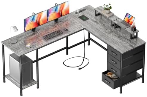 Korfile 66" L Shaped Computer Desk, 94.4'' Home Office Desk with Power Outlets, 4 Adjustable Storage Drawers & 2 Monitor Stands, Large Two Person Gaming Table for Writing Study, Grey by Korfile