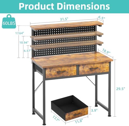 MUTUN Small Desk with Drawers, 31 Inch Computer Desk with Power Outlet & LED Light, Gaming Desk with Adjustable Monitor Stand & Pegboard, Modern PC Study Writing Table for Bedroom, Rustic Brown - Image 3