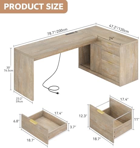 78.7" L-Shaped Office Desk with Drawers and File Cabinet Natural - Image 2