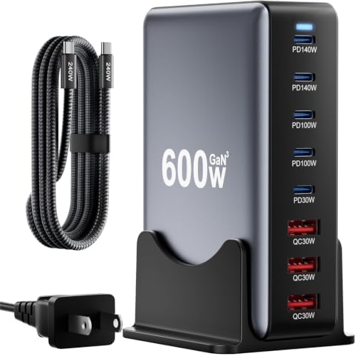 600W Fast Charging 8 Port USB C Charger Block with Nylon Fast Charging Cable, Multi-Device Charging Station Wall Desktop Charger with GaN Ⅲ Technology, USB-C Charger Adapter for MacBook/iPad/iPhone 17 by Vanmiya