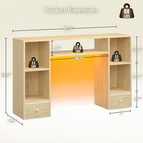 REIBII 47.2" Desktop Bookshelf, 6 Shelves & 2 Drawers, LED Lights, Natural - Image 2