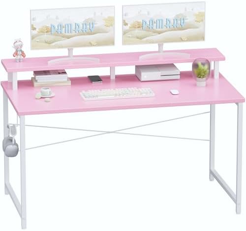 Pamray 47 Inch Small Computer Desk with Monitor Stand, Simple Office Desk with Headphone Hook for Small Spaces, Kids Study Writing Table for Bedroom, Pink by PAMRAY