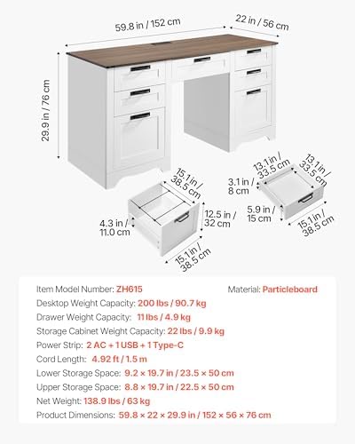 VEVOR 60" Executive Desk with Drawers, Farmhouse Home Office Desk with Charge Station, Keyboard Tray, File Storage Cabinet, 200 LBS Load Capacity Wood Table, Easy Assembly, for Work Study, Walnut - Image 2