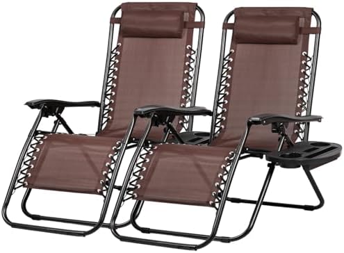 Nazhura Set of 2 Relaxing Recliners Patio Chairs Adjustable Steel Mesh Zero Gravity Lounge Chair Beach Chairs with Pillow and Cup Holder Khaki (Brown) by NazhuraGoodCompanionAtHome