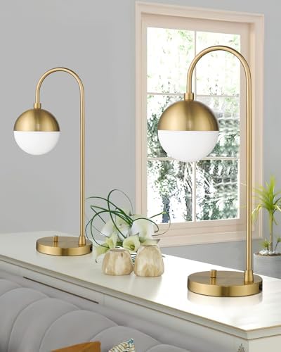 LMS Modern Gold Table Lamp with White Glass Globe, Gold Desk Light Bedside Lamp with Brushed Brass Finished for Living Room Office Nightstand, Dimmable Switch - Image 5