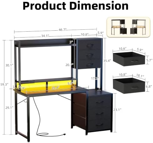 MUTUN 47 Inch Computer Gaming Desk with Hutch Power Outlet and LED Strip, Home Office Work Study Writing Desk with 6 Fabric Drawers and Storage for Bedroom, Escritorios para Computadoras, Black - Image 3