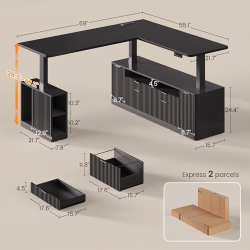 SEDETA Fluted L Shaped Executive Electric Standing Desk with 4 Drawers - Image 2