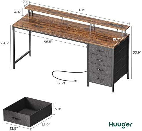 Huuger 63 Inch Rustic Brown Gaming & Office Computer Desk with 4 Drawers, Monitor Stand, LED Lights & Power Outlets - Image 2
