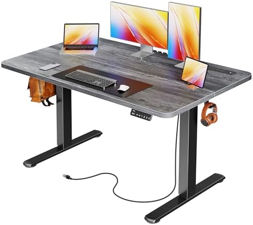 Huuger 47 X 24 Inch Electric Standing Desk with Power Outlets and USB-C Port, Height Adjustable Desk, Sit Stand Desk for Home Office, Computer & Gaming Desk with 3 Presets, Stable Steel Frame, Grey by Huuger