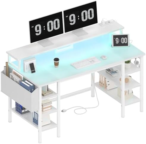 Lufeiya White Desk with Storage Shelves - 47 inch Home Office Gaming Desk with Monitor Stand, Computer Desk with LED Lights and Power Outlets, White by LUFEIYA