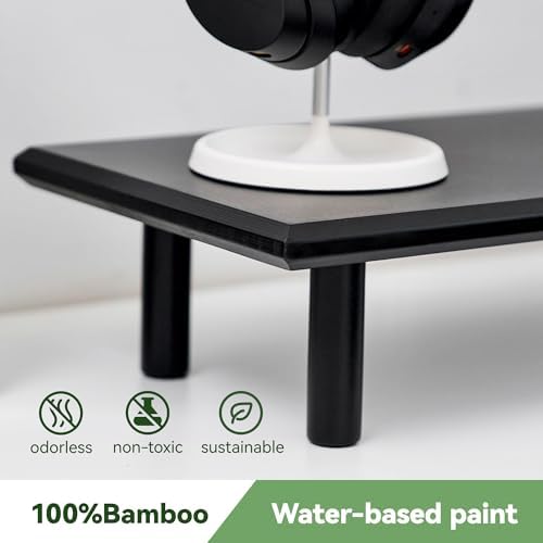 Bamboo Dual Monitor Stand Riser, Black Desk Shelf with Storage - Image 3