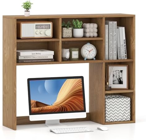 MAT EXPERT Wooden Desktop Bookshelf, Countertop Desk Hutch w/ 7 Cubes & Adjustable Shelves, Anti-toppling Kits, Table Top Organizer Shelf Fits Monitors up to 27” for Dorm, Office, Study (Natural) by MATEXPERT