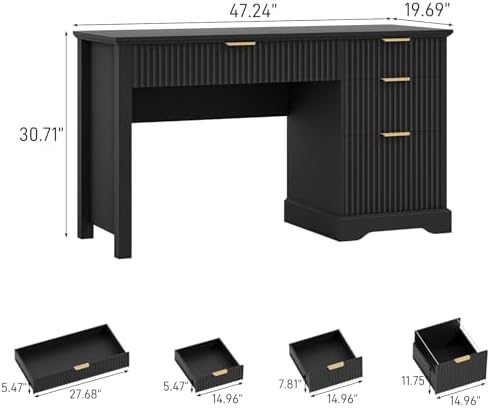 Vabches Fluted Executive Desk with Drawers, Wood Computer Desk with Ample File Drawer, Home Office Desk with Storage for Study, Bedroom, Living Room, Black - Image 2