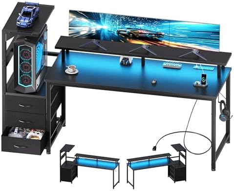 DUMOS 59” Reversible Gaming Computer Desk with Drawers and Power Outlet by DumosLifestyle