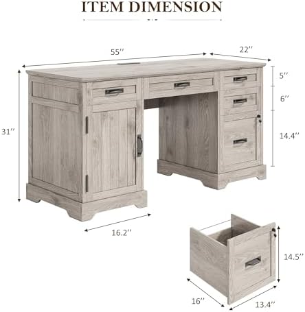 Whalefall 55'' Farmhouse Desk Home Office with Drawers, Light Gray - Image 2