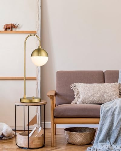 LMS Modern Gold Table Lamp with White Glass Globe, Gold Desk Light Bedside Lamp with Brushed Brass Finished for Living Room Office Nightstand, Dimmable Switch - Image 2