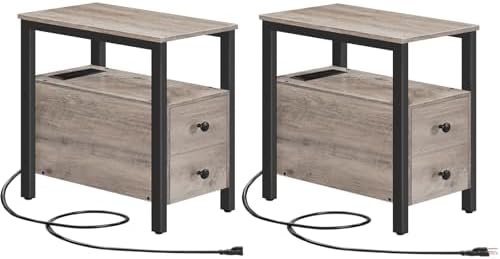 HOOBRO Set of 2 End Tables with Charging Station, Narrow Side Table with Drawers & USB Port & Power Outlets, Nightstand for Small Spaces, Living Room, Stable, Greige and Black BG541BZP201 by HOOBRO