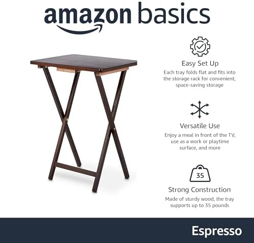 Amazon Basics Portable Foldable TV Tray Table with Storage Rack, Space-Saving Design, Sturdy Wood, 14.6" L x 19" W x 26" H, Espresso, 4-Pack - Image 2