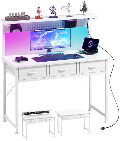 MUTUN Computer Desk with Drawers, 40 Inch Computer Desk with Power Outlet & LED Light, Gaming Desk with Adjustable Monitor Stand & Pegboard, Modern PC Study Writing Table for Bedroom, White by MUTUN