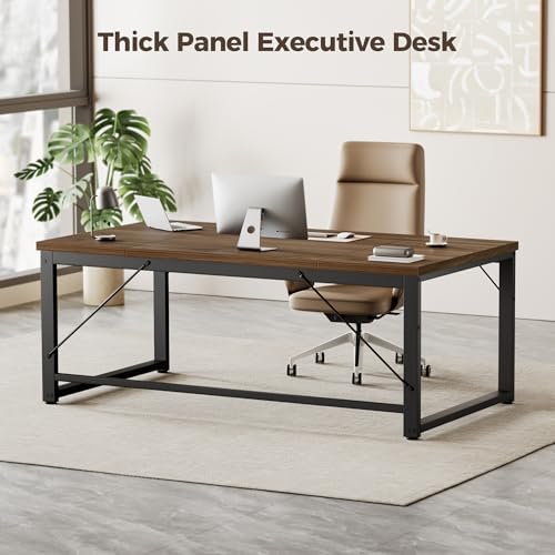 Mericonia 63x28 Inch Computer Desk, 1" Thick Large Office Table, Walnut - Image 7