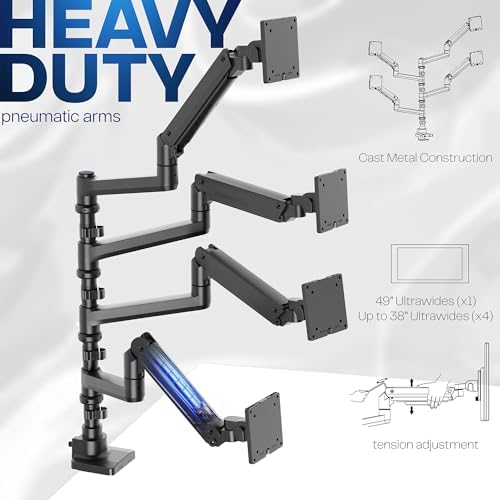 VIVO Pneumatic Arm Quad Ultrawide Monitor Extra Tall Desk Mount for Up to 49 inch Screens Individual Arm Capacity, Max 38 inch Screens for 4 Ultra Wides Up to 44 lbs, Black, STAND-V400D - Image 5