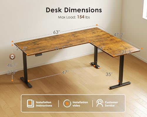 OffiGo 63 Inch Reversible L Shaped Electric Standing Desk, Rustic Brown - Image 3