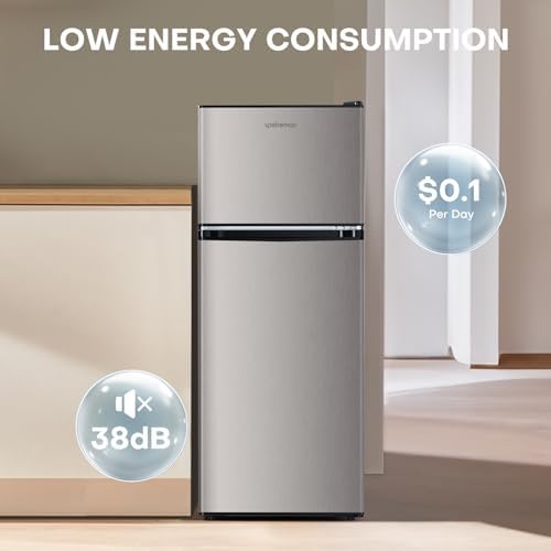 Upstreman 4.0 Cu.Ft. Mini Fridge with Freezer, Dorm Essentials, Double Door, Small Refrigerator for Office, Dorm, Bedroom, Adjustable Thermostat, Large Capacity, Stainless-SR401 - Image 5