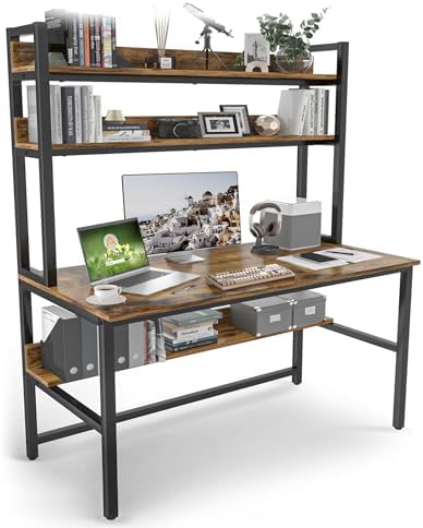 Aquzee Computer Desk with Hutch, 55 Inch Desk with Shelves by Aquzee