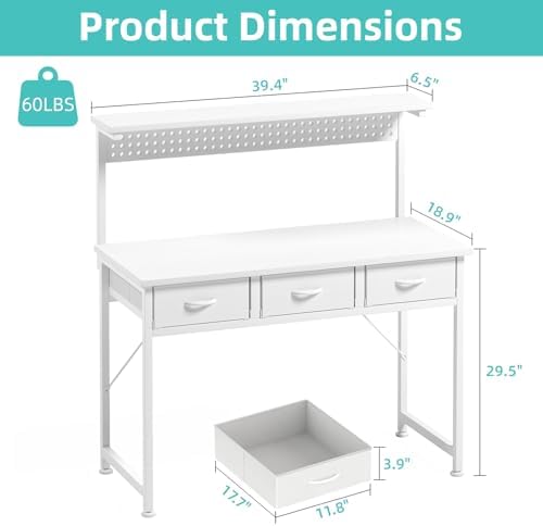MUTUN Computer Desk with Drawers, 40 Inch Computer Desk with Power Outlet & LED Light, Gaming Desk with Adjustable Monitor Stand & Pegboard, Modern PC Study Writing Table for Bedroom, White - Image 3