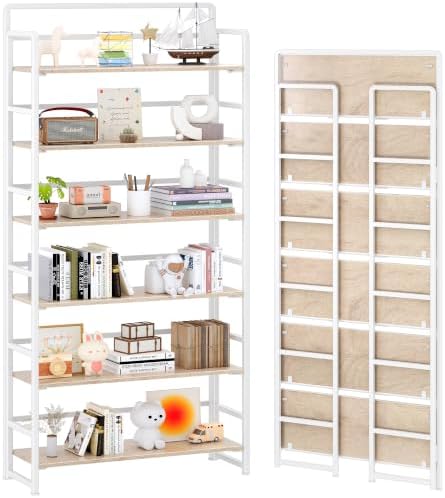 4NM No Assembly Extra Wide 6 Tier Folding Bookshelf Tall Storage Shelves Vintage Bookcase Standing Racks Study Organizer Home Office by 4NM