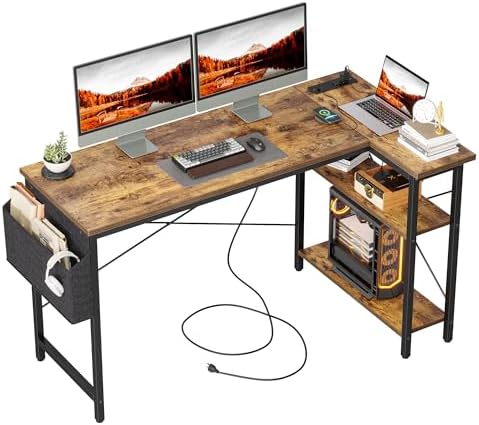 TIQLAB L Shaped Computer Desk with Power Outlets, 55 Inch Small Corner Desk with Reversible Shelves, Gaming Desk Computer Table Study Writing Desk for Home Office Small Space, Rustic Brown by TIQLAB