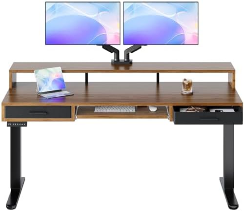 HUANUO 63″ x 26″ Electric Standing Desk with 2 Drawers &24.4″ Large Keyboard Tray, C-Clamp Mount Compatible, Adjustable Computer Desk for Office, Sit Stand Up Desk with 4 Height Presets, Deep Walnut by HUANUO