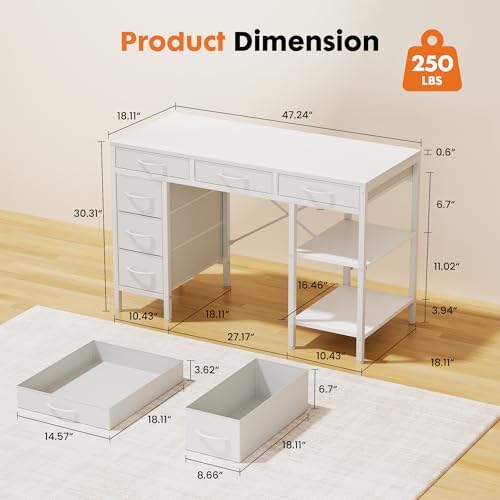 Sweetcrispy 47" Computer Desk with 6 Fabric Drawers & Storage Shelves - Image 3