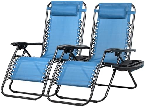Nazhura Set of 2 Relaxing Recliners Patio Chairs Adjustable Steel Mesh Zero Gravity Lounge Chair Beach Chairs with Pillow and Cup Holder (Sky Blue) by NazhuraGoodCompanionAtHome