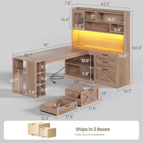 SEDETA 61" L Shaped Office Desk with Drawers and Storage, Light Brown - Image 2