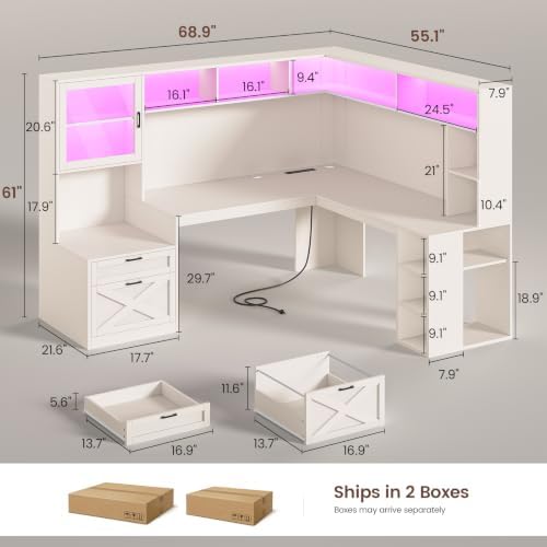 SEDETA 68" Farmhouse L Shaped Office Desk with Hutch, Drawers, Storage - Image 2