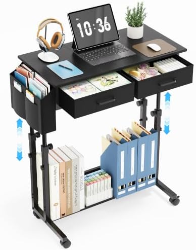 Small Standing Desk with Storage, Height Adjustable Sit Stand Desk with Drawers, Mobile Office Desk with Wheels and Side Pocket, Adjustable Laptop Workstation for Home Office by Bliesosfud